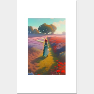 Anime Girl in Field of Flowers & Trees Posters and Art